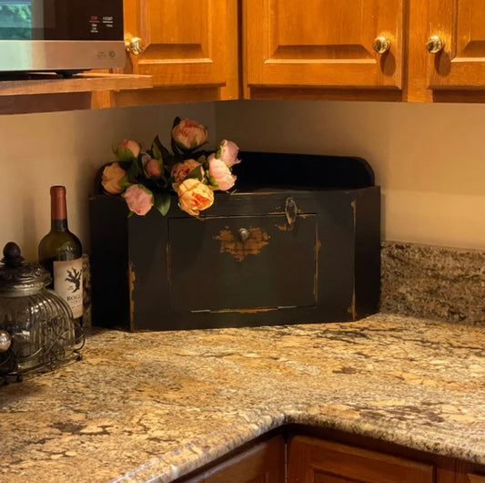 Handmade Large Counter Top Corner Cupboard Kitchen Organizer in Rustic Black | Primitive| Housewarming & Wedding Gift | Bread Box