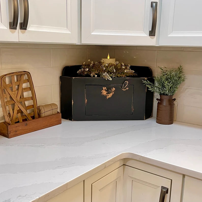 Handmade Large Counter Top Corner Cupboard Kitchen Organizer in Rustic Black | Primitive| Housewarming & Wedding Gift | Bread Box