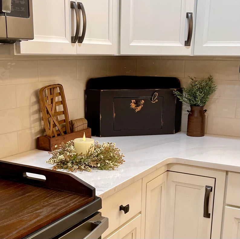 Handmade Large Counter Top Corner Cupboard Kitchen Organizer in Rustic Black | Primitive| Housewarming & Wedding Gift | Bread Box